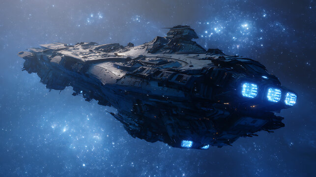 Massive starship with glowing blue engines navigates a starfield spaceship battlecruiser