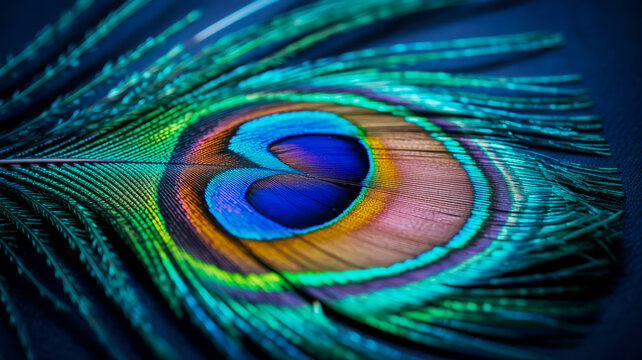 Closeup macro shot of a vibrant peacock feather eye with iridescent blue and green colors - Powered by Adobe