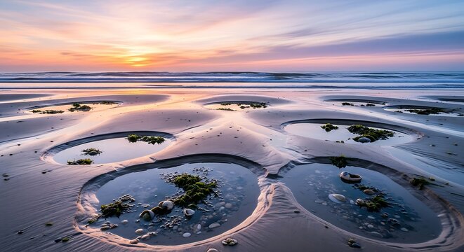 Tide pools on beach at sunset reflection