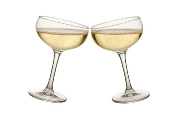 Two coupe champagne glasses clinking in a toast, celebrating success, luxury event, or new year's eve party