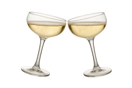 Two coupe champagne glasses clinking in a toast, celebrating success, luxury event, or new year's eve party