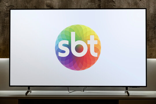 Flat-screen TV set displaying logo of SBT