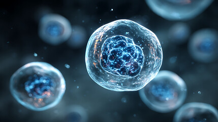 Microscopic biological cells with glowing blue nuclei and transparent outer membranes biology science