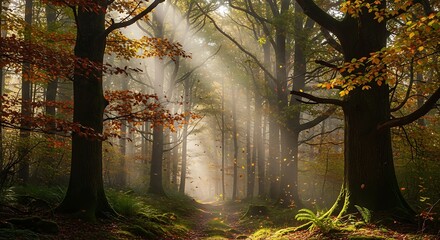 Sunbeams shining through misty autumn forest