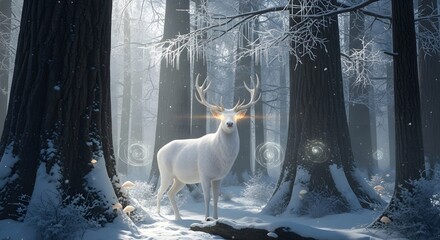 A majestic white deer with glowing golden eyes stands in a serene, snow-covered winter forest.