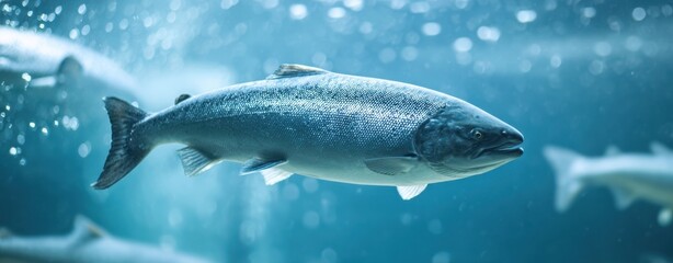 The Salmon Swimming Gracefully Through Clear Blue Underwater Aquarium With Soft Lighting