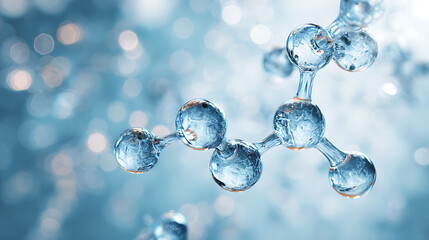 Molecular structure with transparent spheres and blue bokeh background molecule atomic structure