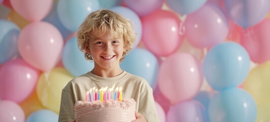 The Boy Holding a Birthday Cake Surrounded by Colorful Balloons and Candles