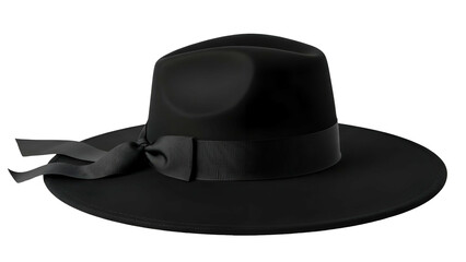 A dark, wide-brimmed fedora with a black ribbon, isolated against a black background