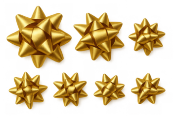 Golden decorative bows in various sizes, perfect for adorning presents and gifts during holiday seasons and special occasions