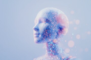 Abstract digital woman portrait with circular lines and data code overlay, futuristic AI technology concept on soft blue purple gradient background