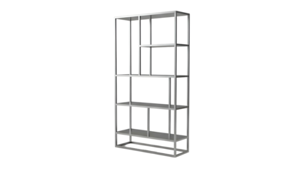 A detailed image of a simple, silver metal shelving unit against a stark black background
