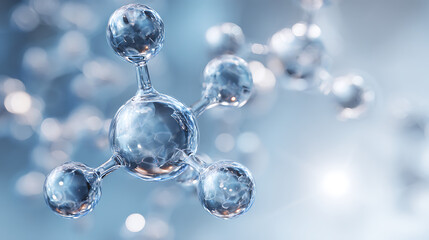 Molecular structure with transparent spheres and soft blue background molecule atomic