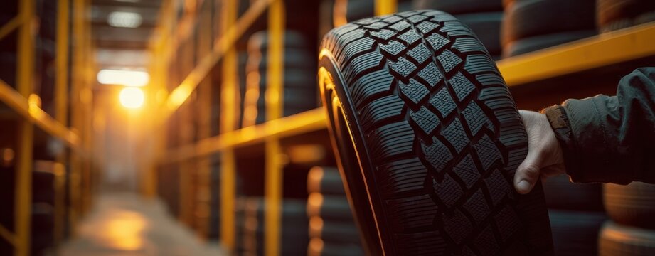 The Tire Held by a Mechanic in a Sunlit Warehouse Aisle Full of Shelves