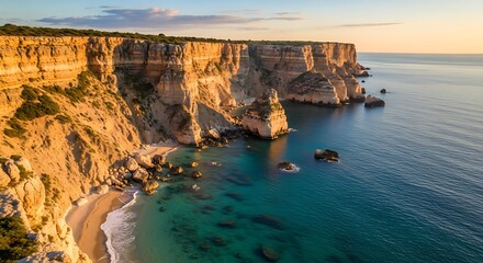 Aerial view of golden cliffs and turquoise sea