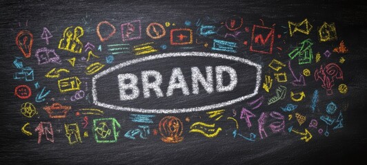 The Brand Chalkboard Concept With Colorful Doodles and Marketing Icons Surrounding It