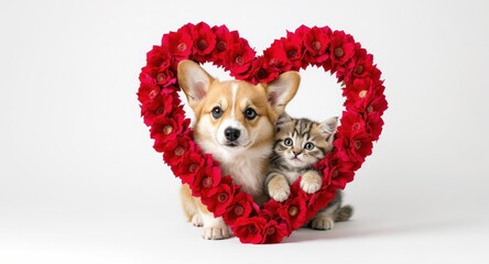 Cute Puppy and Kitten Inside Heart-shaped Flower Frame on White Background