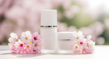 Minimalist Skincare Product Bottles with Cherry Blossoms - Spring Cosmetic and Natural Beauty Concept