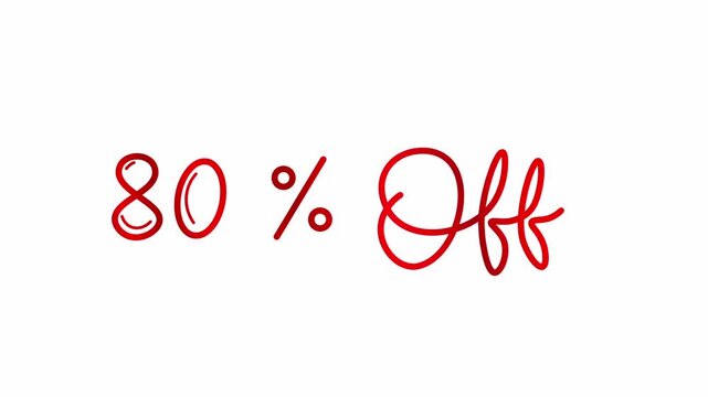 80% offer One line continuous animated typography intro outro, hand drawn calligraphy monoline lettering vintage text on background animation video eighty percentage off red type on white bg
