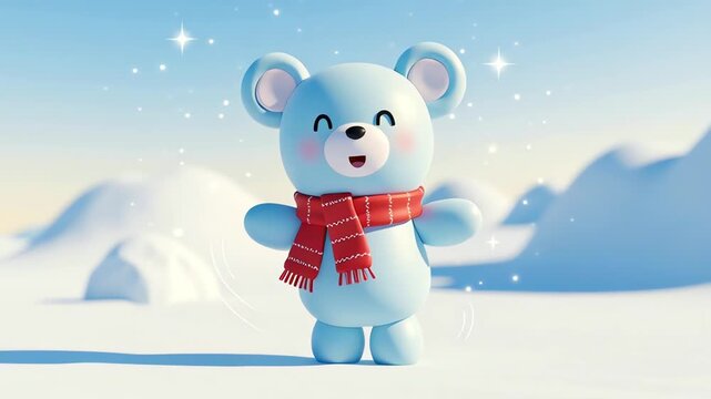 Cute blue cartoon bear in a red scarf dancing in the snow