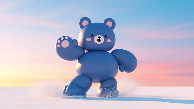Cute 3d blue bear dancing in white snow with sunset background