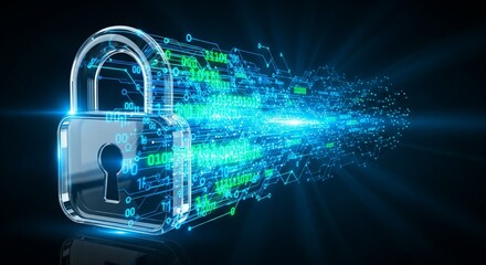 Futuristic digital padlock dissolving into binary code, symbolizing cybersecurity and data protection.