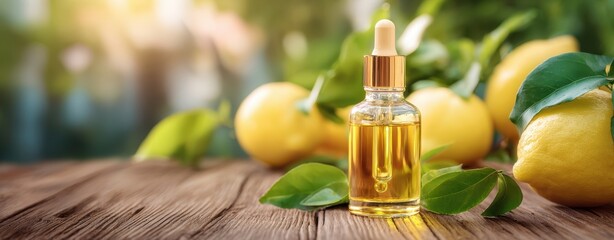 The dropper bottle of lemon essential oil on rustic wooden table with lemons