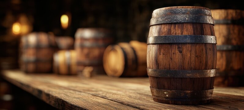 The Wooden Barrel on Rustic Tavern Bartop with Warm Ambient Lighting and Bokeh - Powered by Adobe