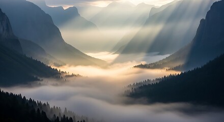 Sun rays shining through valley fog at dawn