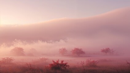 Obraz premium Serene Pink Fog Rolling Over Autumn Landscape with Trees