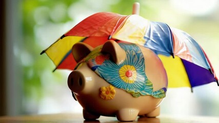 Video A piggy bank with an umbrella on top, often used as a symbol for saving money or weathering financial storms