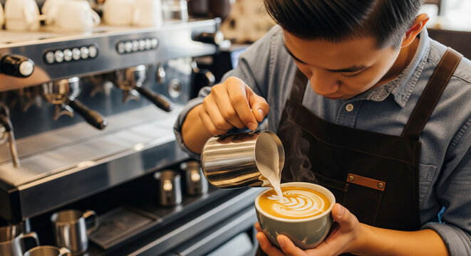 Skilled barista meticulously crafting a delicious latte with intricate milk art, demonstrating precision and passion in a modern coffee shop setting
