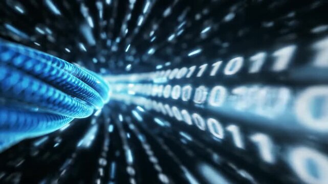 Blue cable feeding glowing binary code stream