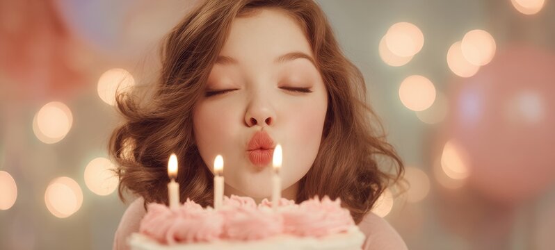 The person blowing out candles on a pink frosted birthday cake with bokeh lights