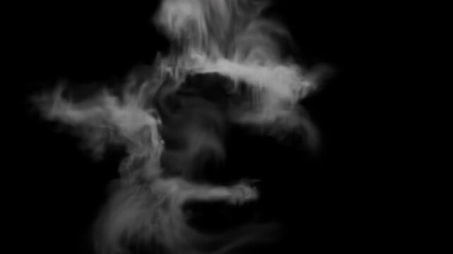 The title card, credits, and design elements appear behind the smoke. Smoke fills the space from the center of the frame against a black background. A realistic fog effect created by clouds of smoke.