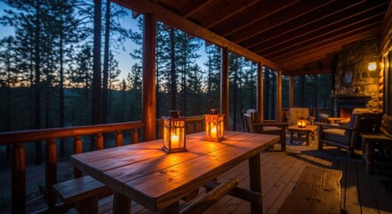 Cozy wooden cabin porch with lanterns on the table overlooking a forest at twilight