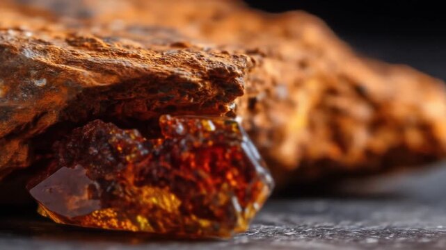 Close-up of a multifaceted gemstone embedded in rough rock with a textured, detailed surface