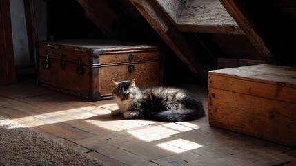 A tabby cat rests on a sunlit wooden floor in a dusty vintage attic with old storage trunks