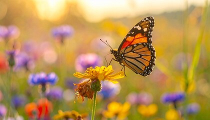 Fototapeta premium Monarch butterfly on wildflower in summer meadow at sunset, nature's peaceful beauty