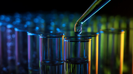 Pipette dropping liquid into test tubes with colorful lighting science