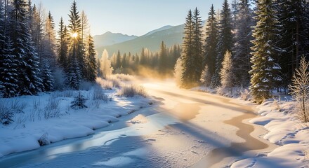 Misty winter sunrise over a frozen river