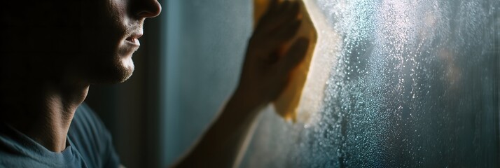 Close-up of a man in shadow wiping condensation from a wet glass window with a sponge.