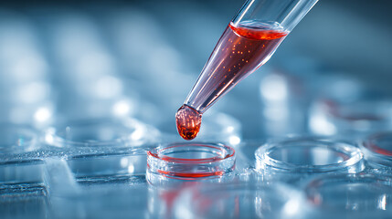 Pipette dropping red liquid into laboratory dish image