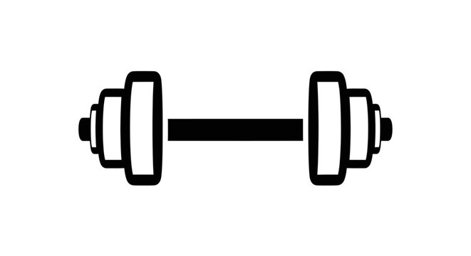 Black and white icon of a dumbbell with weight plates on a white background. - Powered by Adobe