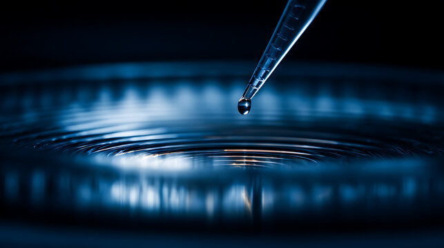 Pipette tip releasing droplet into rippling blue liquid ripple