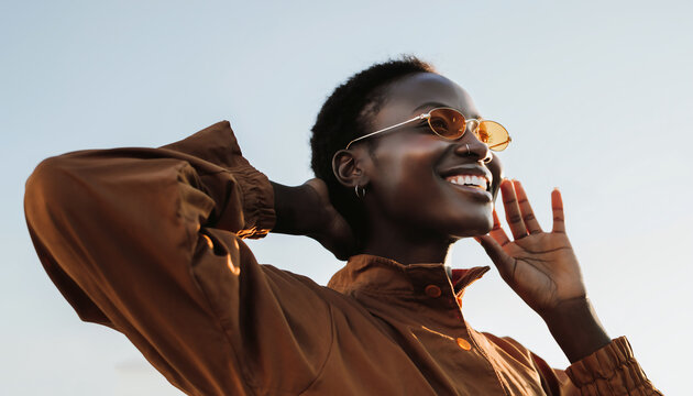 portrait d’une femme afro-américaine souriante avec lunettes dorées