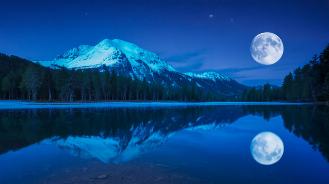 Full moon reflecting on a calm lake surface near a snowcapped mountain at night