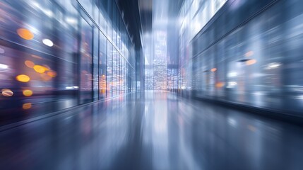 Obraz premium Fast motion blur through a modern, futuristic glass corridor with city lights.