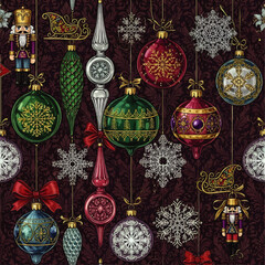 Festive Christmas ornaments and decorations hanging against a patterned background, including nutcrackers.