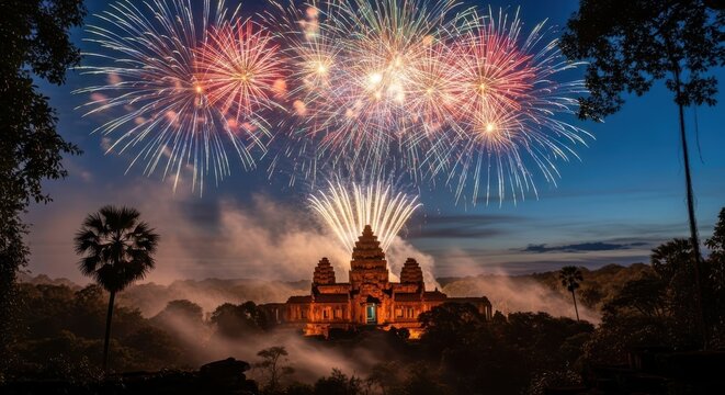 Ancient stone temple silhouette with colorful fireworks exploding in the night sky
